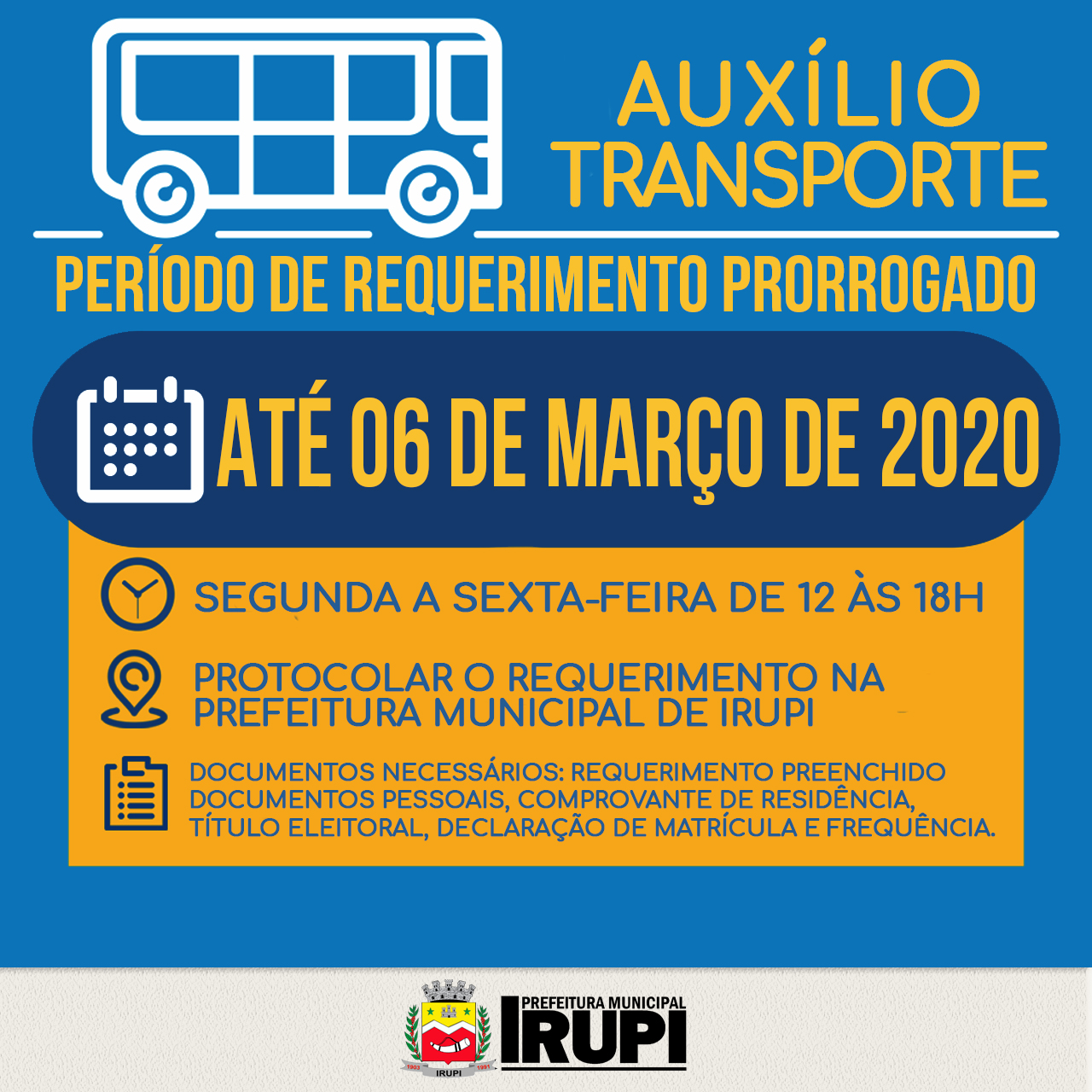 Prefeitura de Irupi convoca alunos para recadastramento do auxílio transporte