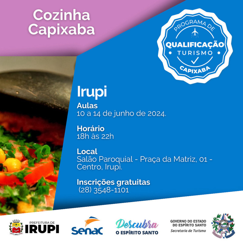 Curso de Cozinha Capixaba em Irupi, faça a sua inscrição