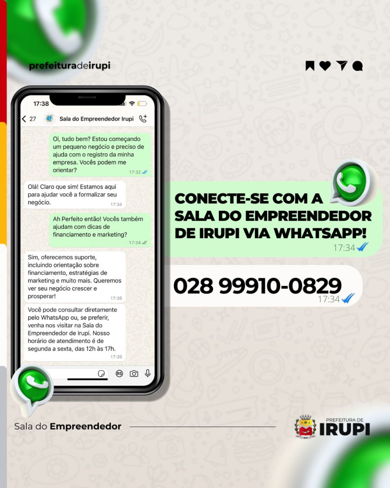 A Sala do Empreendedor de Irupi agora atende via WhatsApp