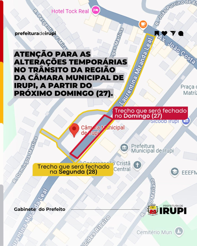 Alterações temporárias no transito da região da Câmara de Irupi, a partir deste domingo (27).