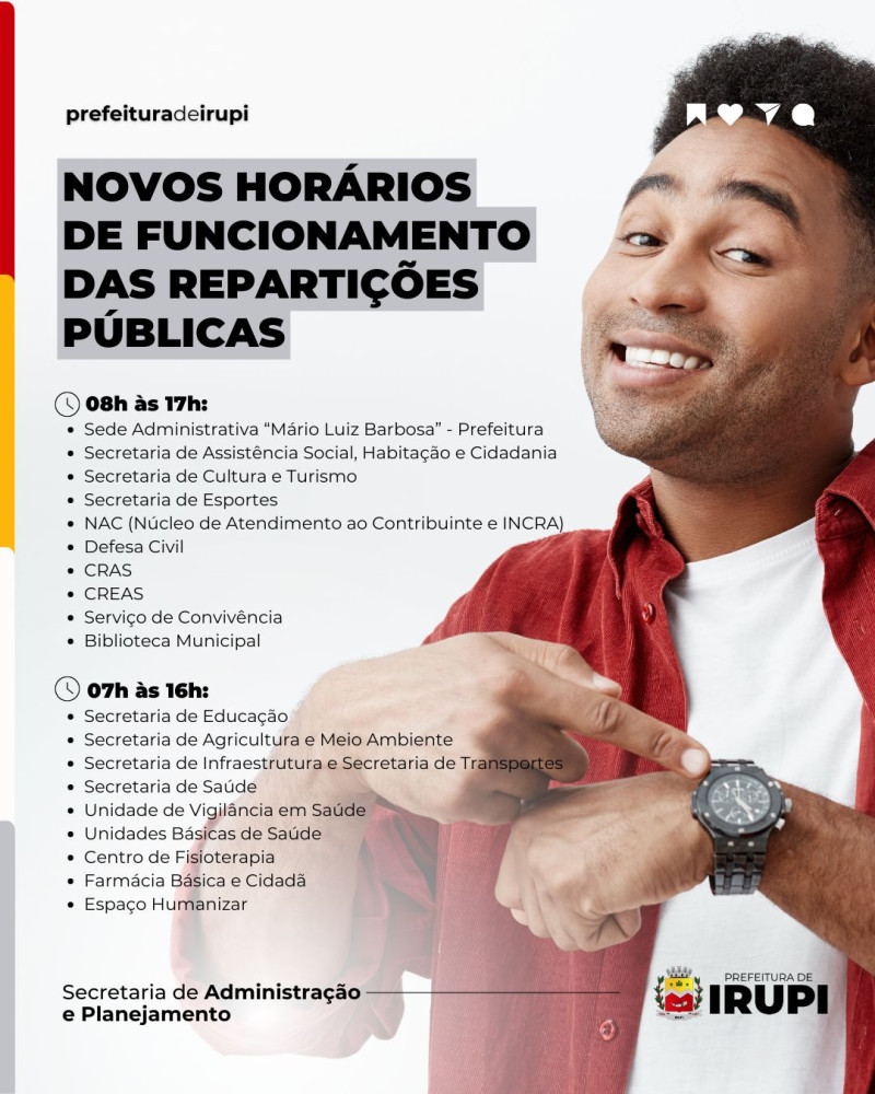 Novos Horários de Funcionamento das Repartições Públicas a partir de 1° de Novembro