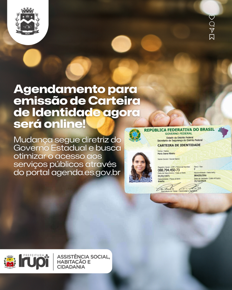 Atendimento no Posto de Identificação de Irupi passa a ser por agendamento online a partir de 03 de fevereiro.